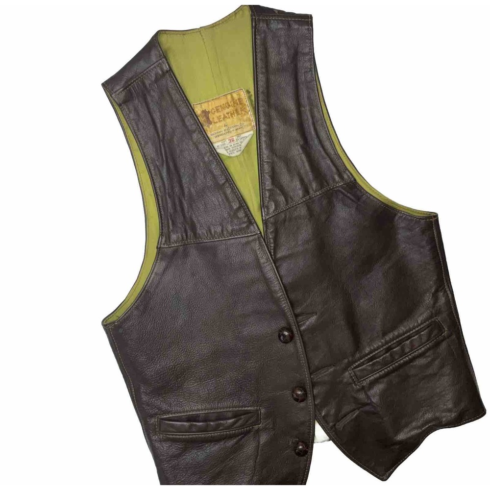 Vintage‎ Genuine Leather By Berman Buckskin Leather Vest 70s Rider Biker Sz 36